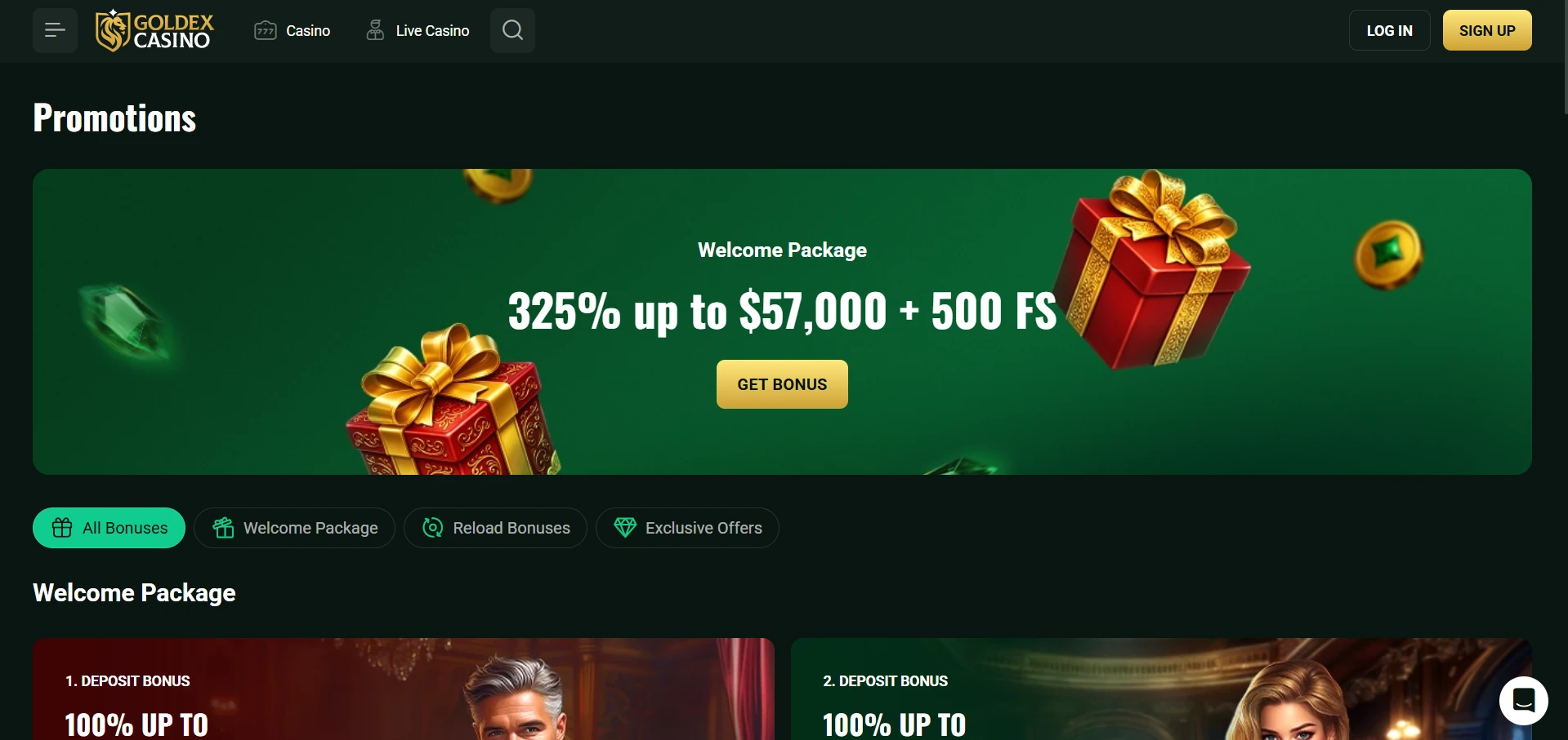 Goldex Promotions page with the Welcome Package banner, 325% up to $57,000 + 500 FS, and the Get Bonus button