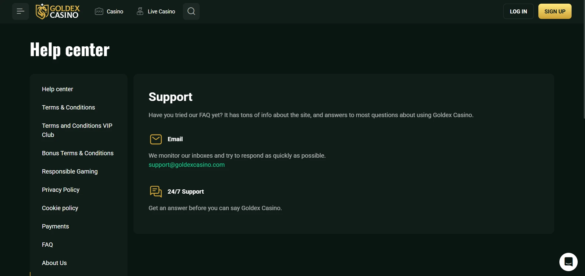 Goldex help centre Support page with the email address and the 24/7 Support entry