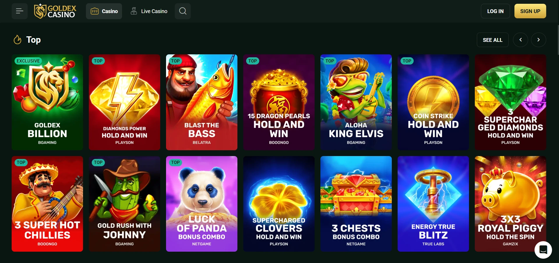 Goldex game lobby Top row with Goldex Billion, Diamonds Power Hold and Win, Blast the Bass and other pokies tiles
