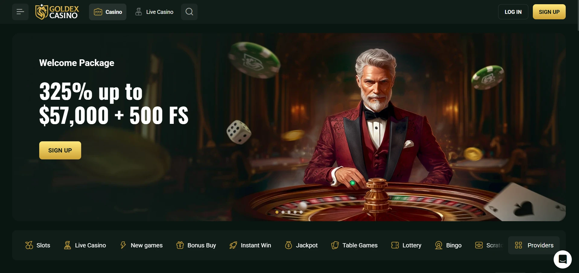 Goldex home page with the Welcome Package banner, 325% up to $57,000 + 500 FS, and the yellow Sign Up button