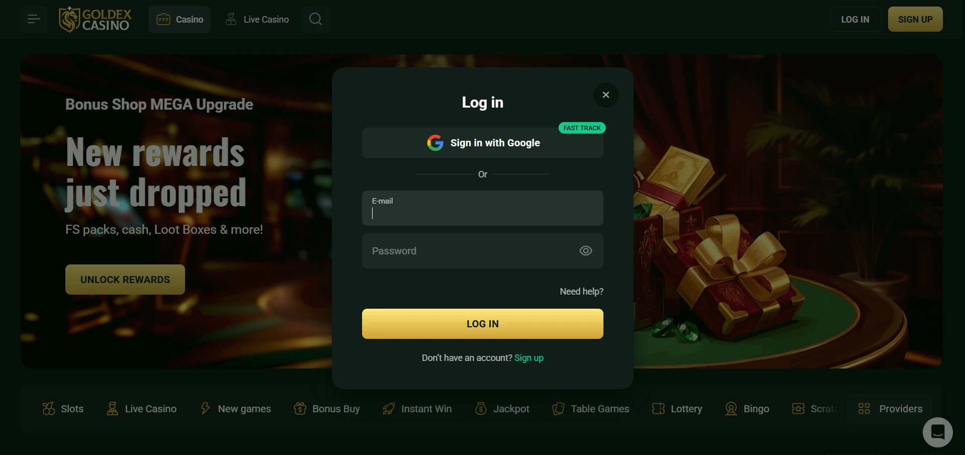 Goldex Log in window with the Sign in with Google button, email and password fields and the Log In button