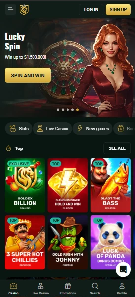 Goldex mobile site with the Lucky Spin banner, the category strip and the Top row of pokies