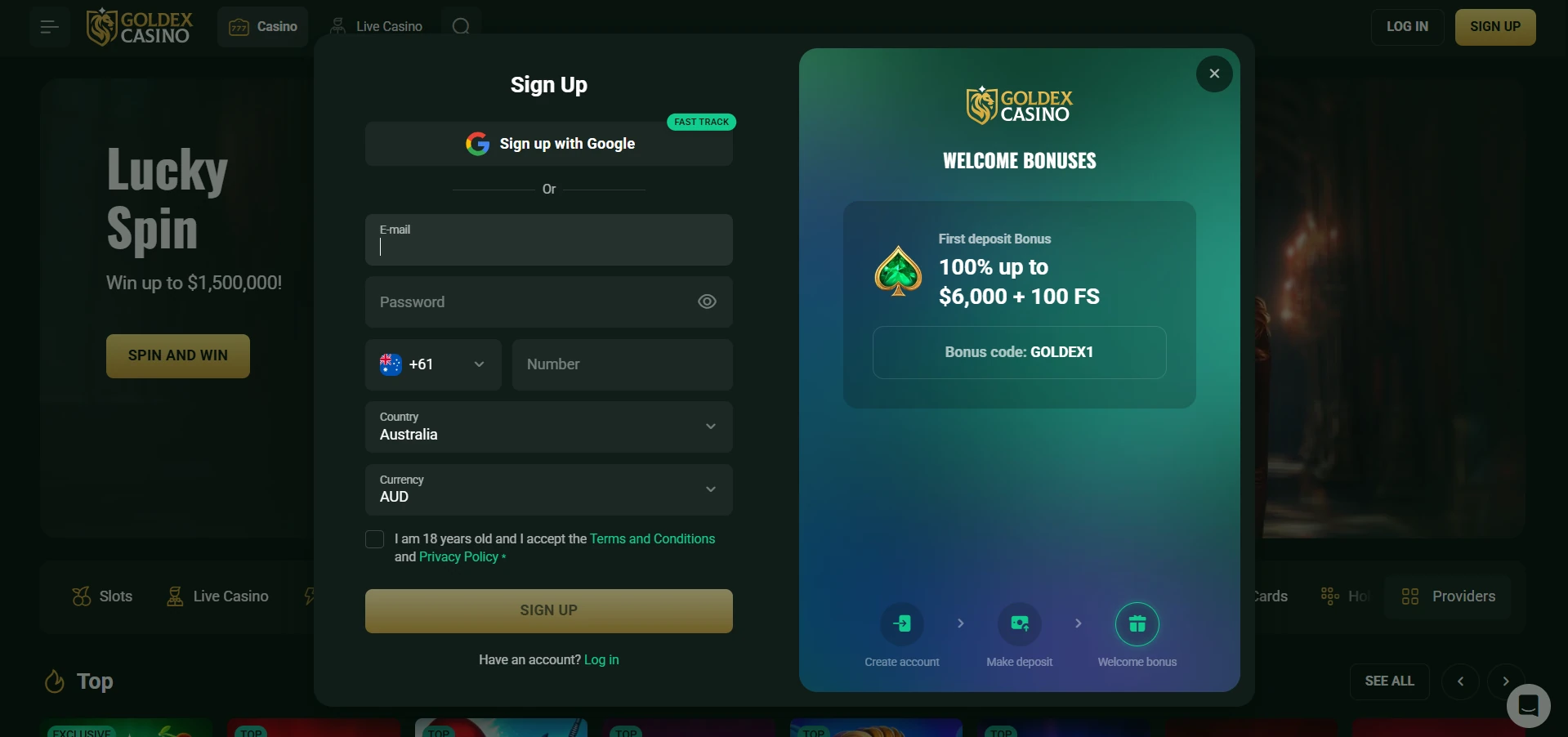Goldex Sign Up form